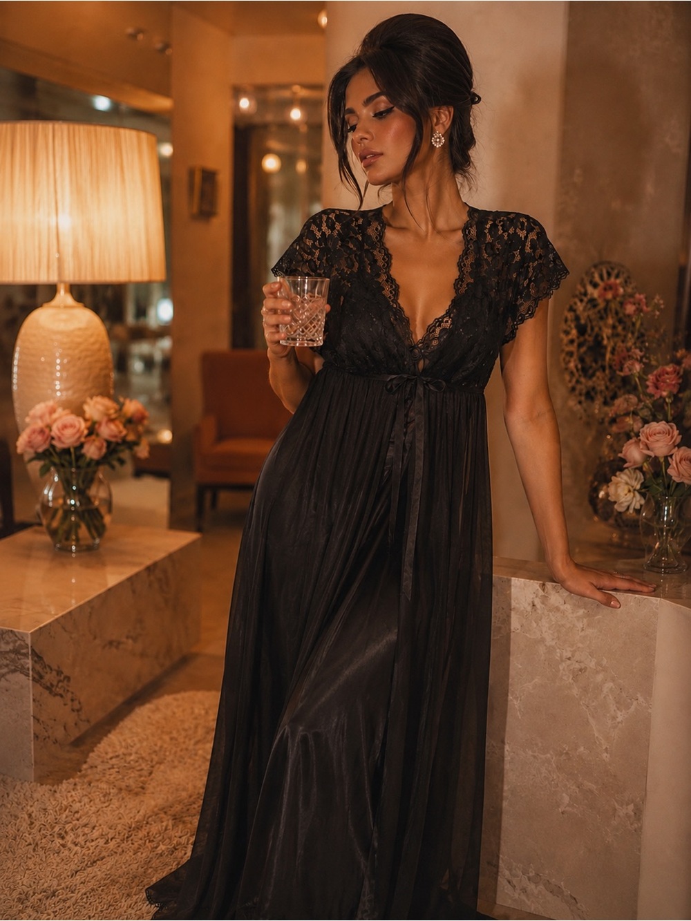 Women's Black Lace Satin Nightgown with Sheer Robe